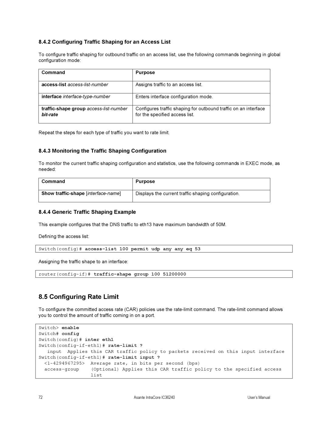 Asante Technologies IC36240 user manual Configuring Rate Limit, Configuring Traffic Shaping for an Access List 