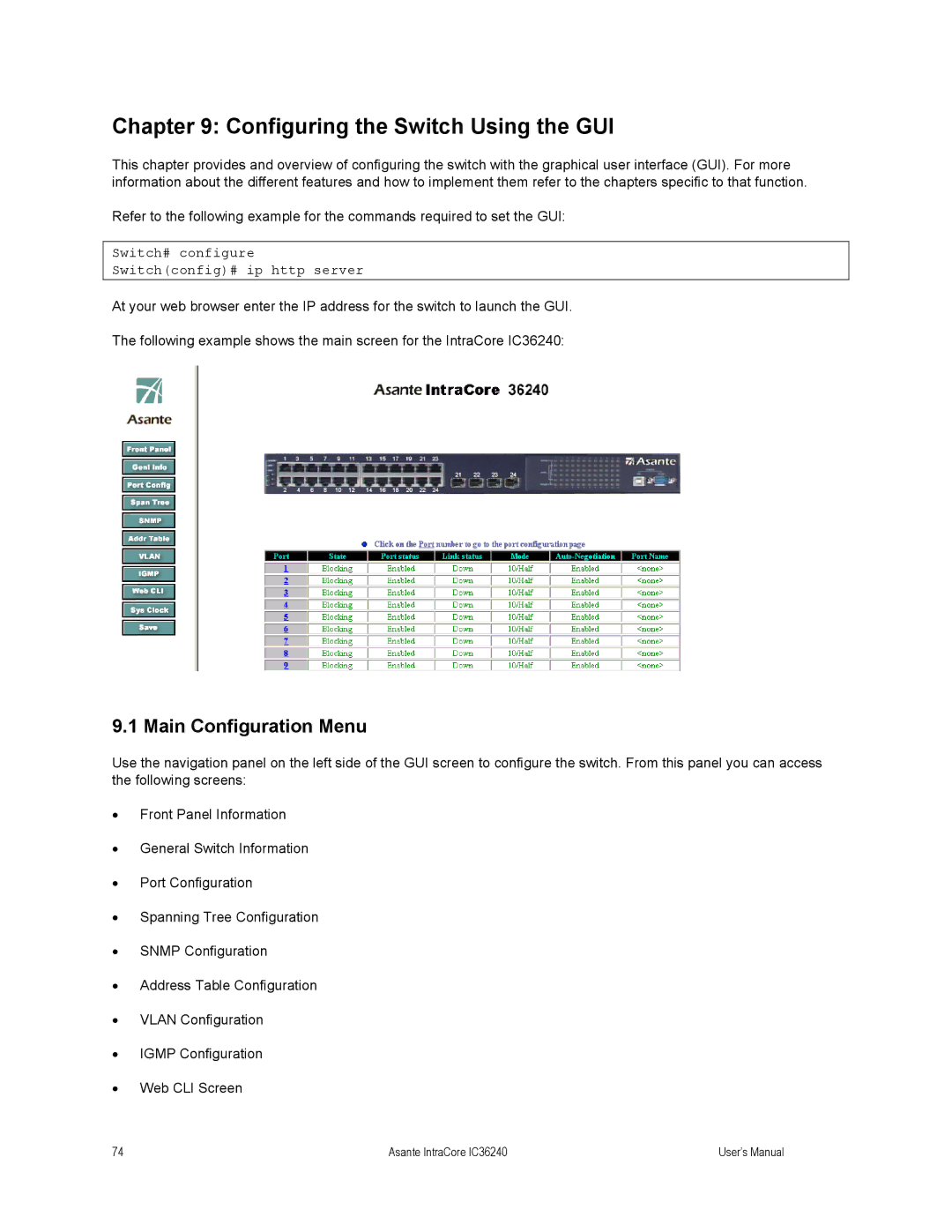 Asante Technologies IC36240 user manual Configuring the Switch Using the GUI, Main Configuration Menu 