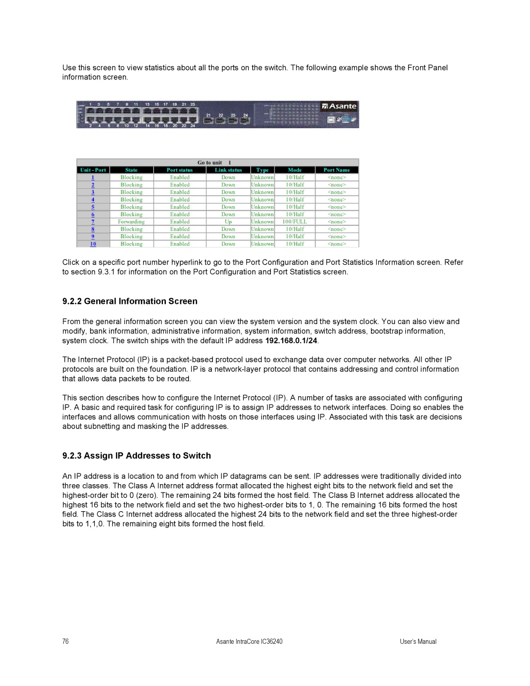 Asante Technologies IC36240 user manual General Information Screen, Assign IP Addresses to Switch 