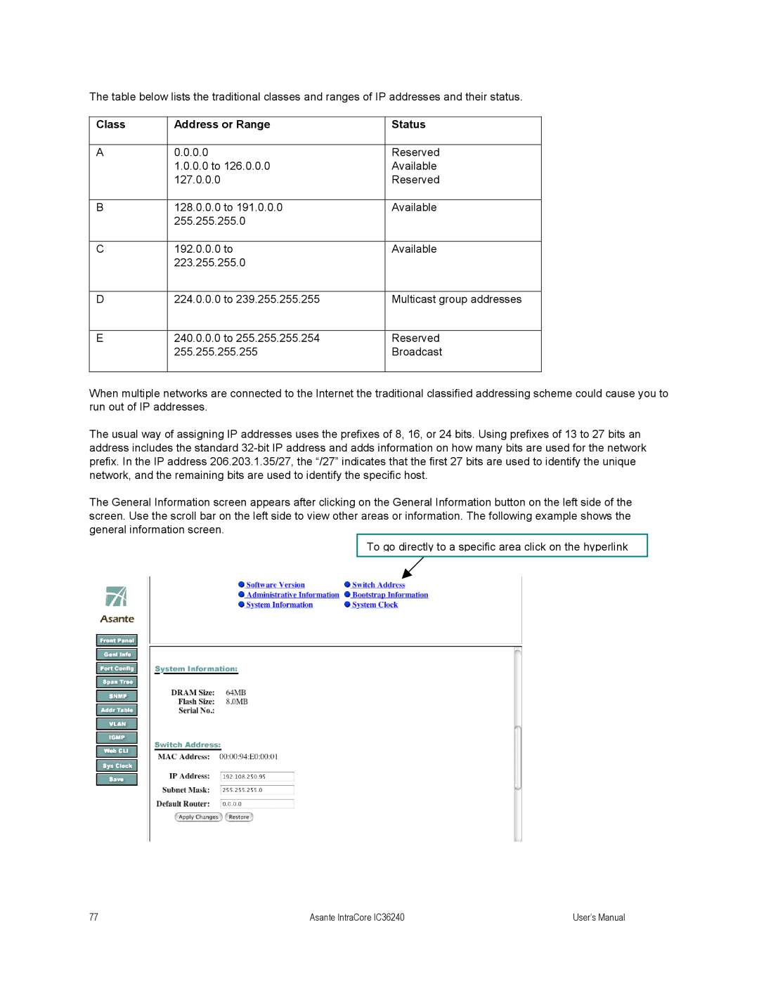 Asante Technologies IC36240 user manual Class Address or Range Status 