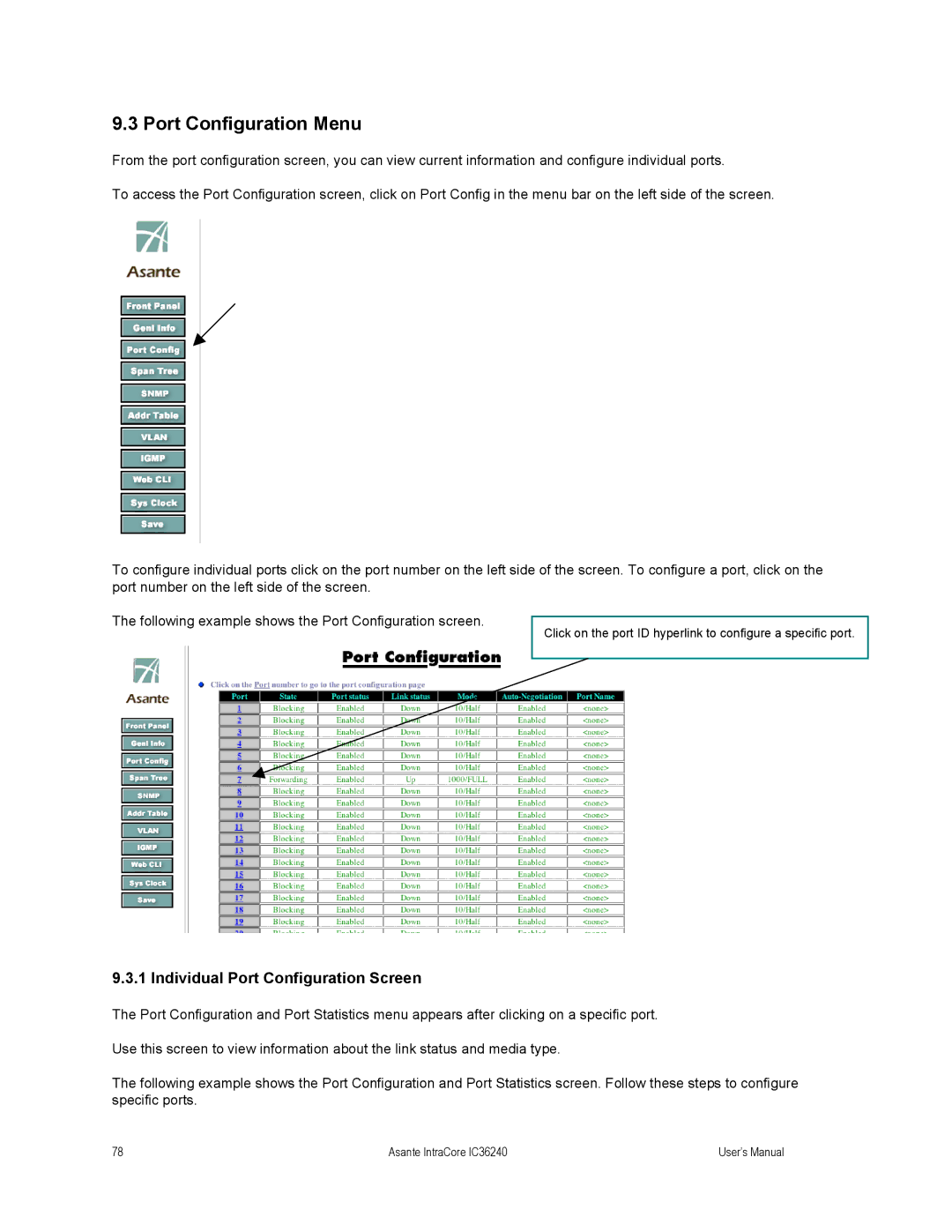 Asante Technologies IC36240 user manual Port Configuration Menu, Individual Port Configuration Screen 
