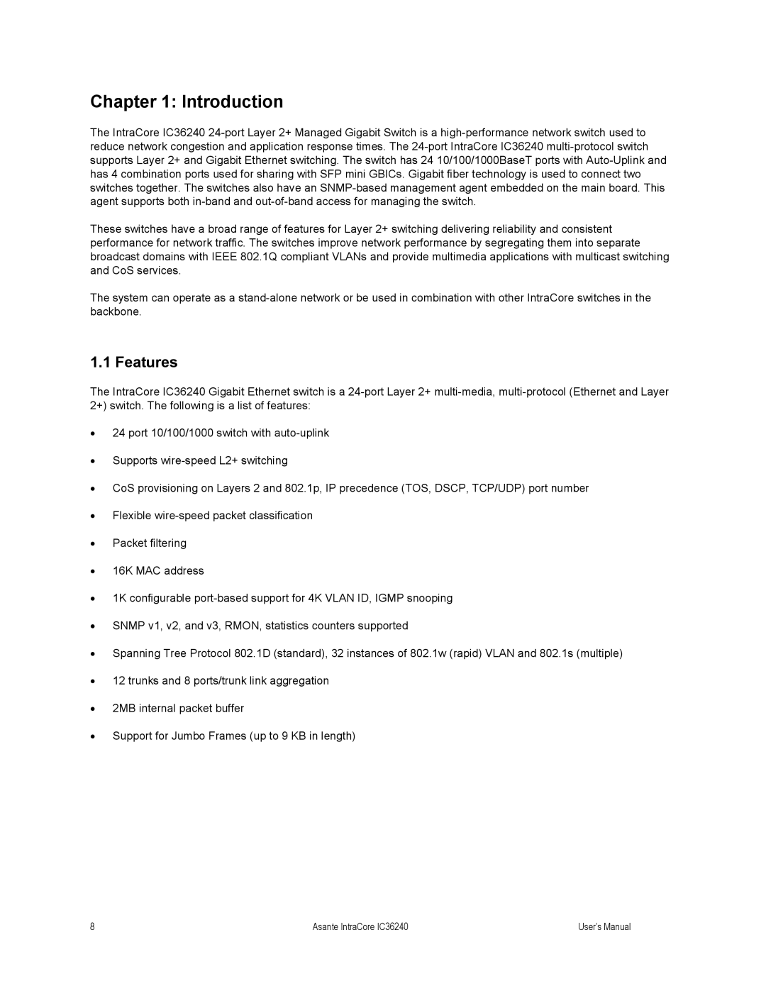 Asante Technologies IC36240 user manual Introduction, Features 