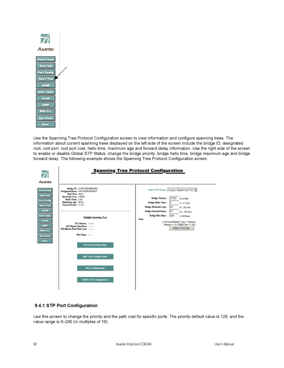 Asante Technologies IC36240 user manual STP Port Configuration 