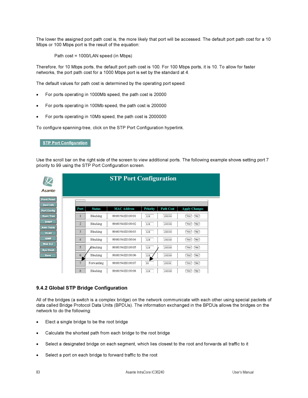 Asante Technologies IC36240 user manual Global STP Bridge Configuration 