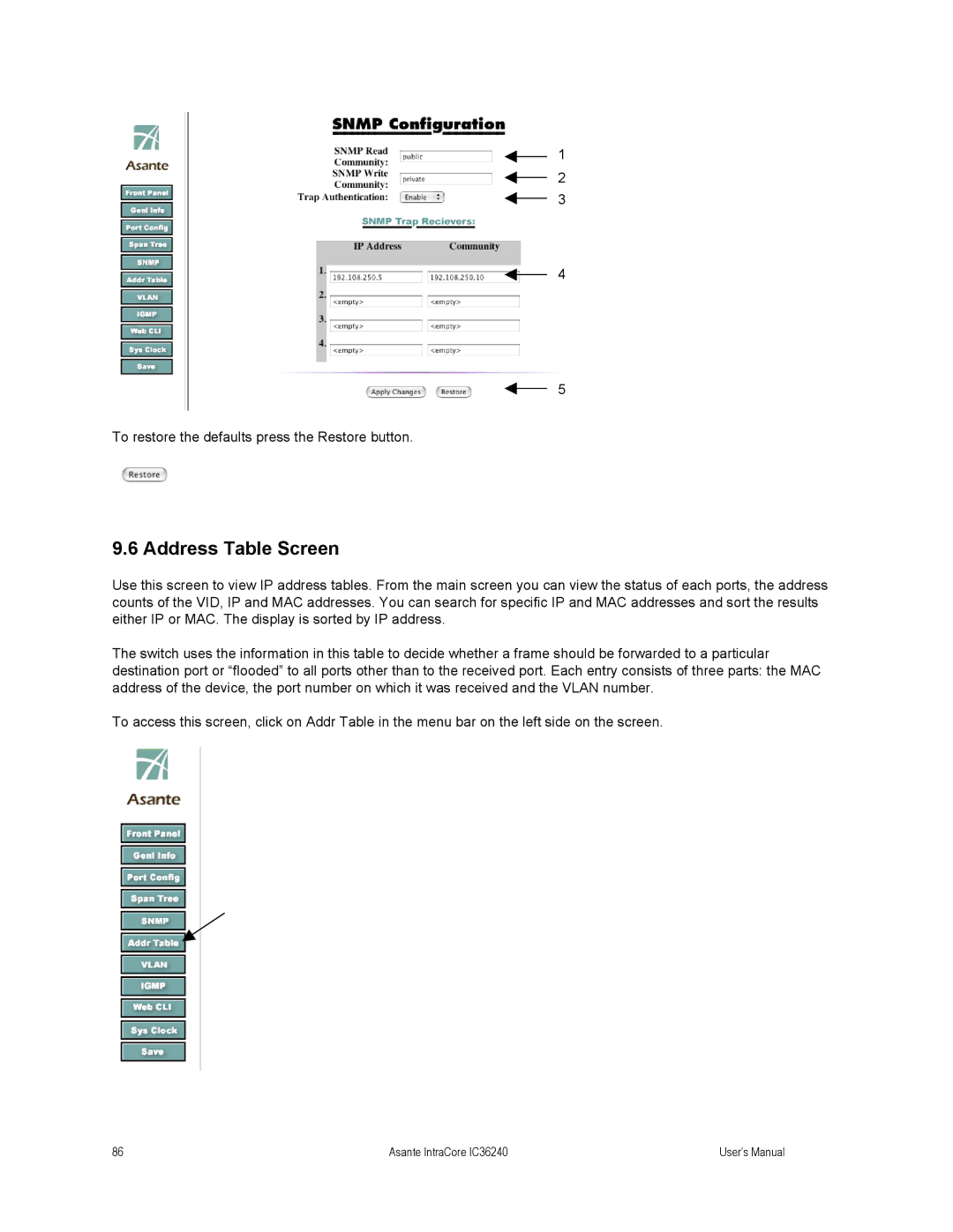 Asante Technologies IC36240 user manual Address Table Screen 