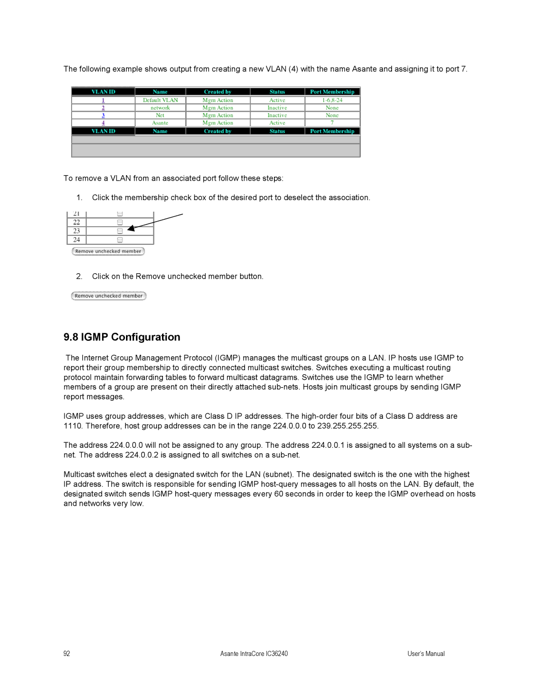 Asante Technologies IC36240 user manual Igmp Configuration 