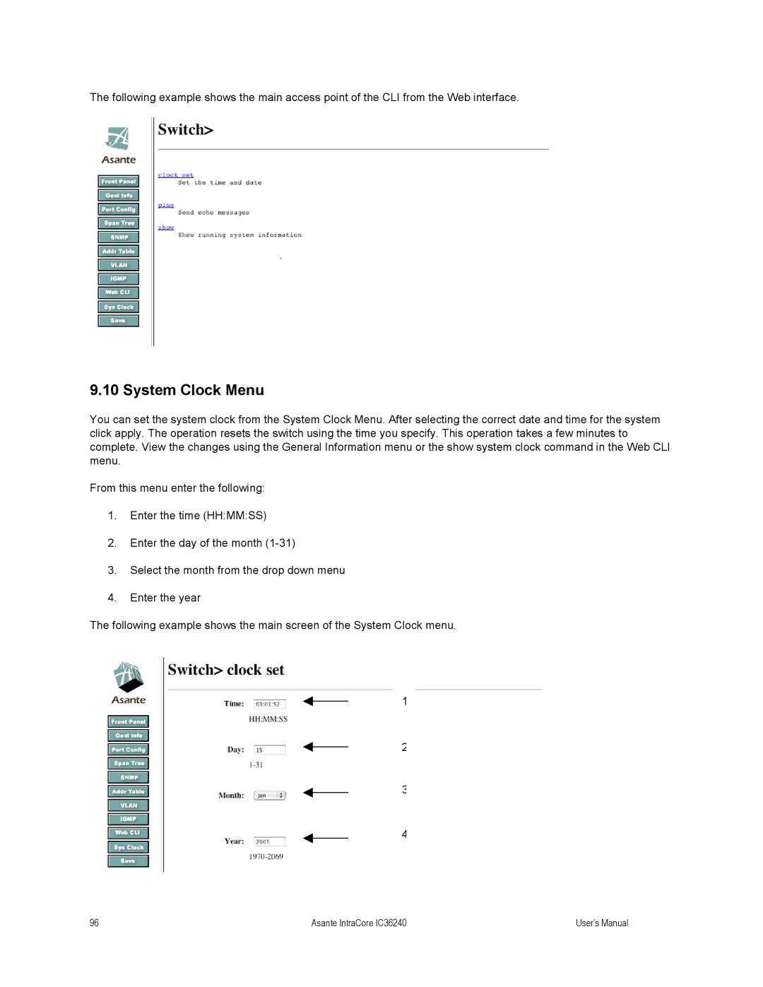 Asante Technologies IC36240 user manual System Clock Menu 