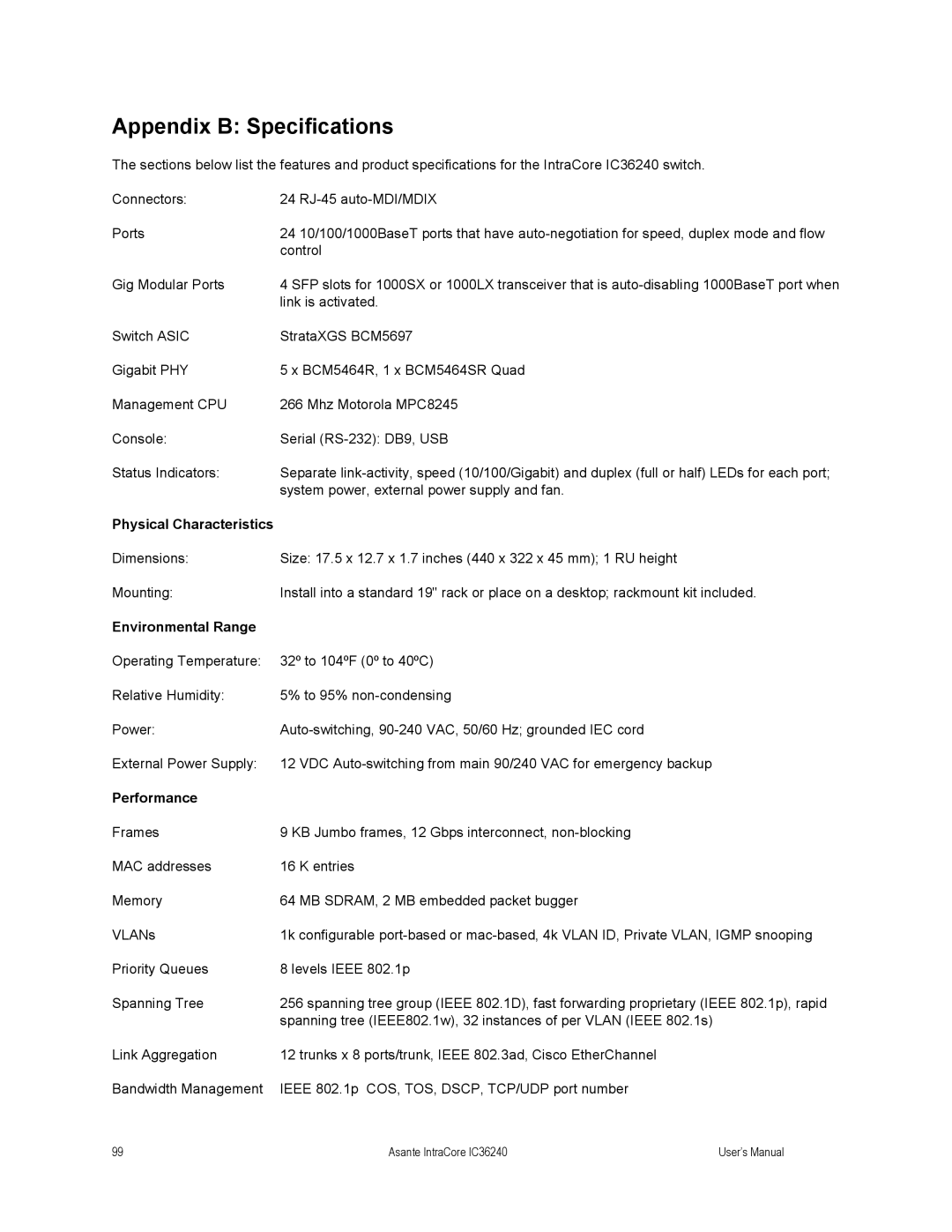 Asante Technologies IC36240 Appendix B Specifications, Physical Characteristics, Environmental Range, Performance 