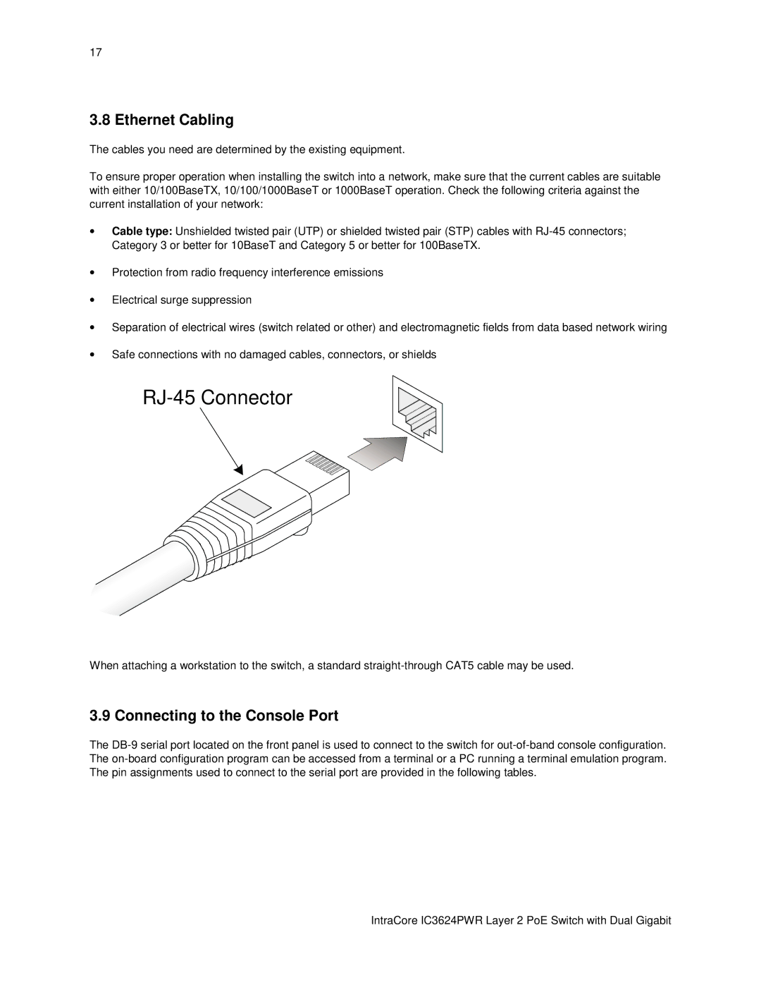 Asante Technologies IC3624PWR user manual Ethernet Cabling, Connecting to the Console Port 