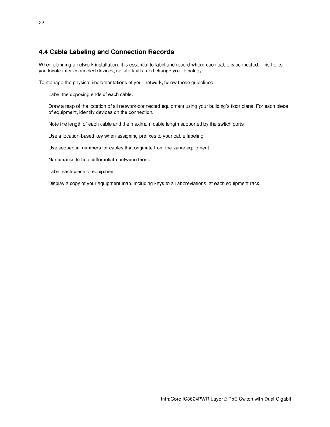 Asante Technologies IC3624PWR user manual Cable Labeling and Connection Records 