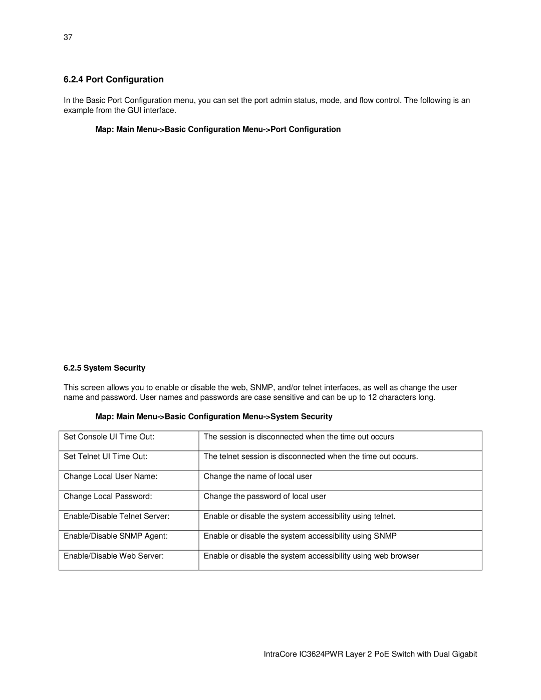 Asante Technologies IC3624PWR user manual Port Configuration, Map Main Menu-Basic Configuration Menu-System Security 