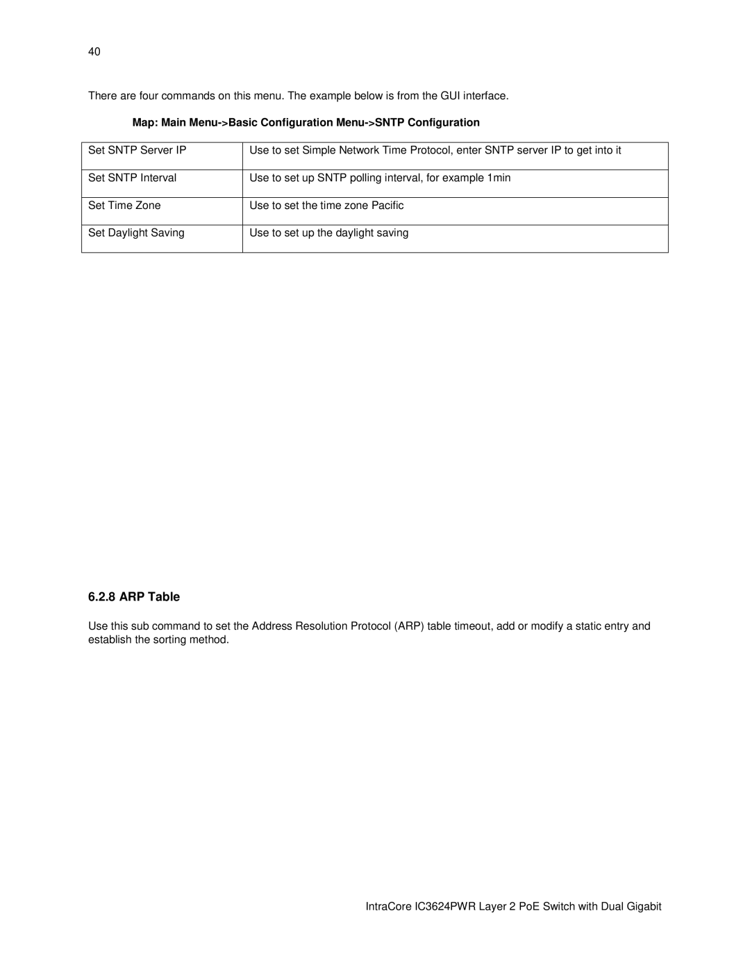 Asante Technologies IC3624PWR user manual ARP Table, Map Main Menu-Basic Configuration Menu-SNTP Configuration 