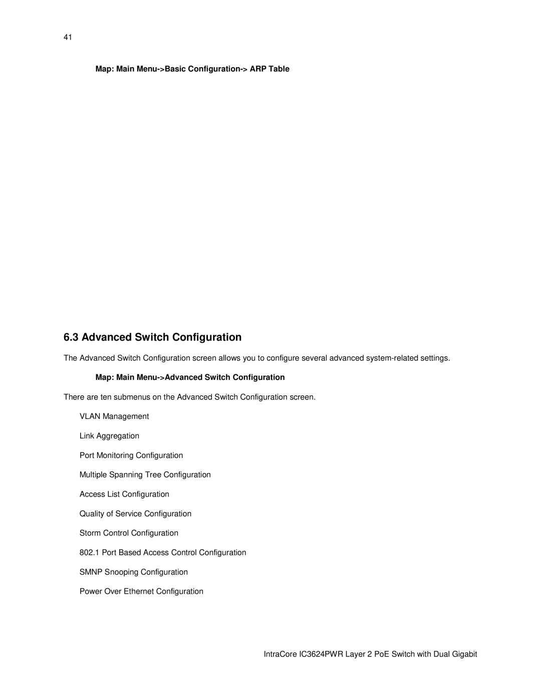 Asante Technologies IC3624PWR user manual Advanced Switch Configuration, Map Main Menu-Basic Configuration- ARP Table 