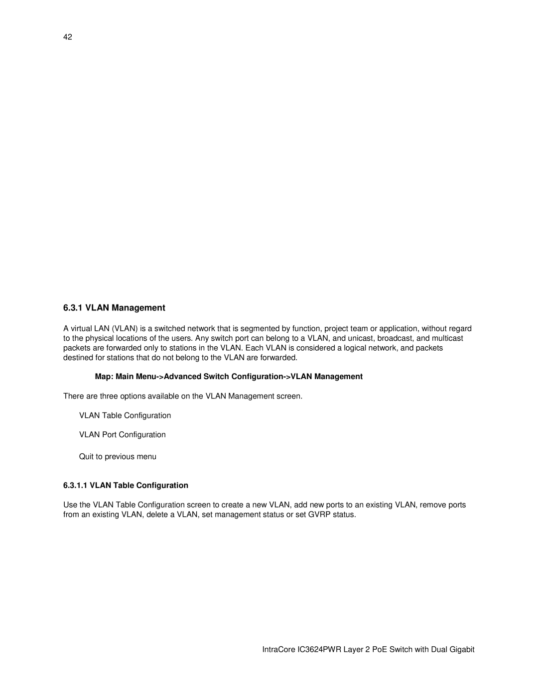 Asante Technologies IC3624PWR user manual Vlan Management, Map Main Menu-Advanced Switch Configuration-VLAN Management 