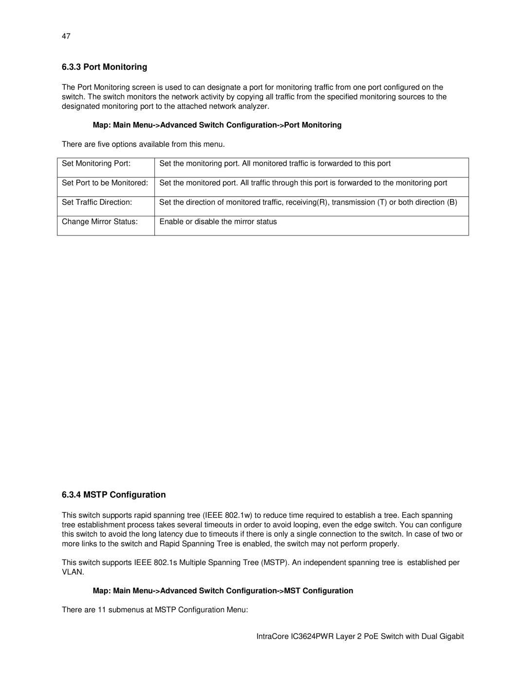 Asante Technologies IC3624PWR user manual Port Monitoring, Mstp Configuration 