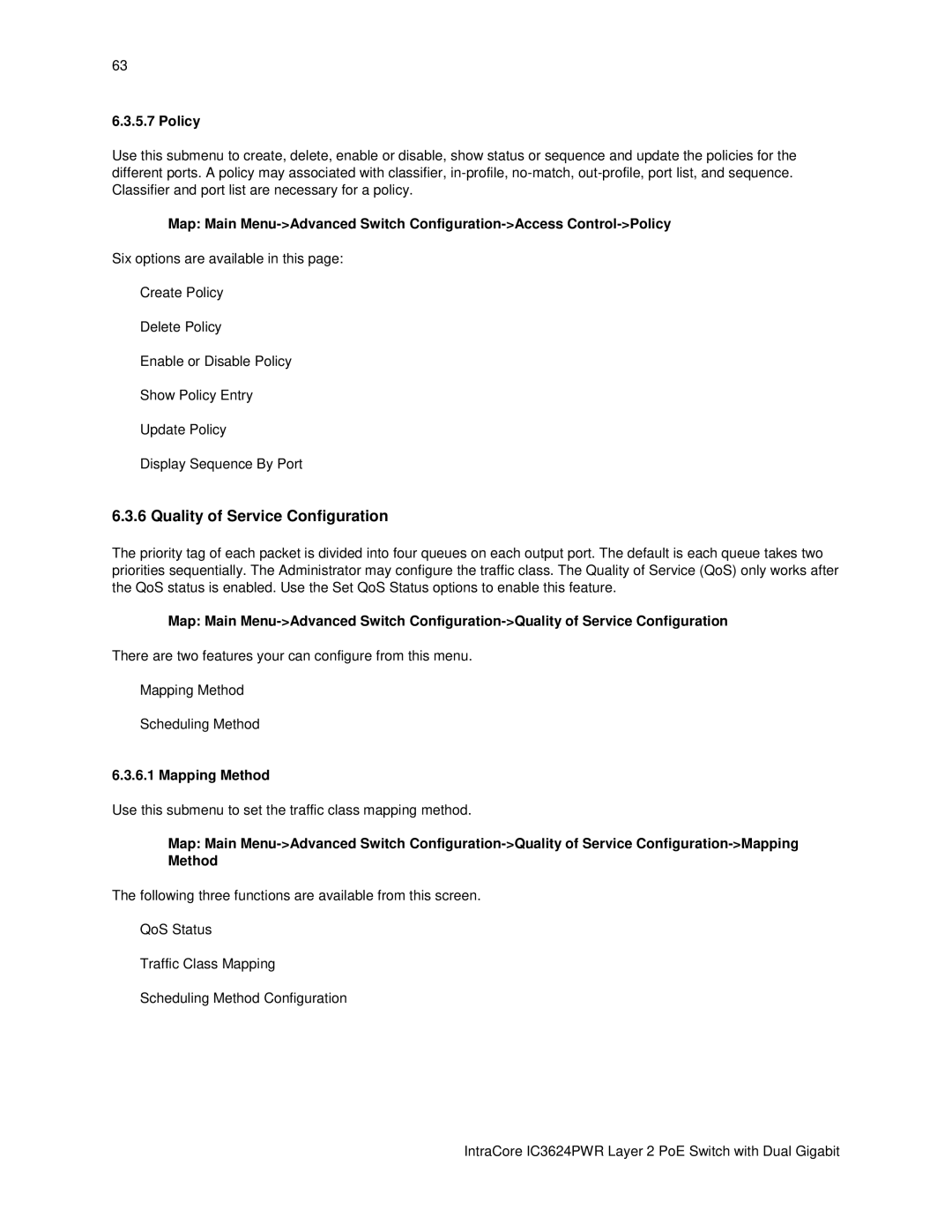 Asante Technologies IC3624PWR user manual Quality of Service Configuration, Policy, Mapping Method 