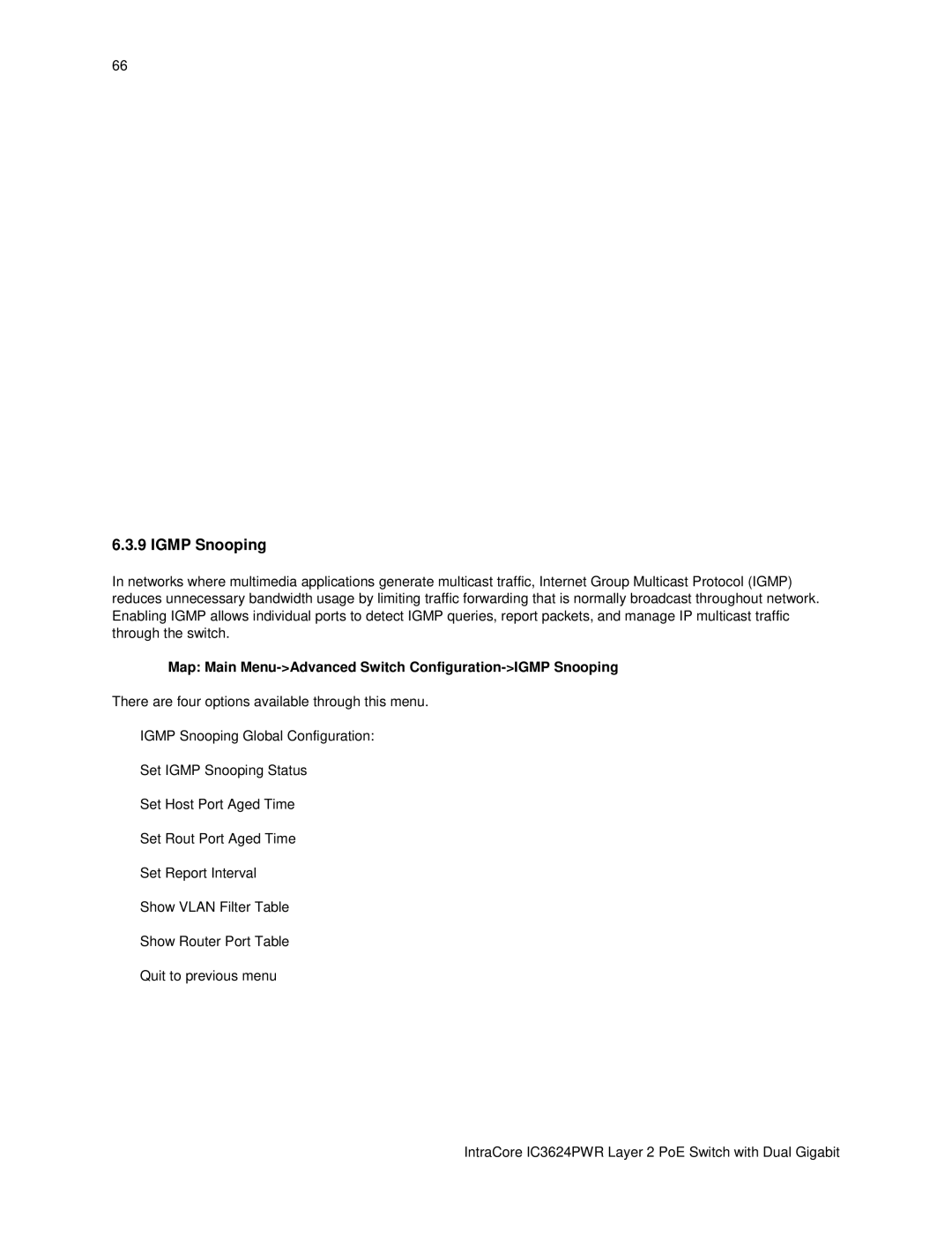 Asante Technologies IC3624PWR user manual Igmp Snooping, Map Main Menu-Advanced Switch Configuration-IGMP Snooping 
