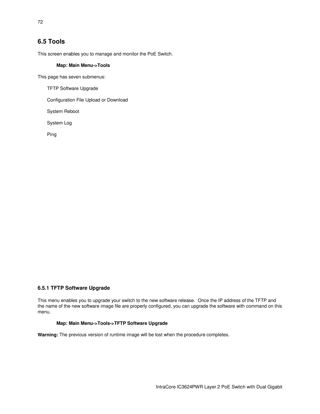 Asante Technologies IC3624PWR user manual Tftp Software Upgrade, Map Main Menu-Tools-TFTP Software Upgrade 