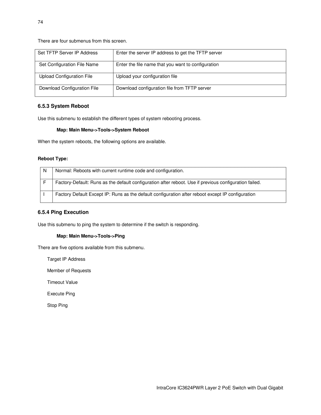 Asante Technologies IC3624PWR Ping Execution, Map Main Menu-Tools-System Reboot, Reboot Type, Map Main Menu-Tools-Ping 