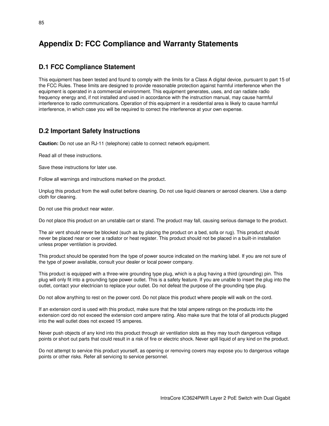 Asante Technologies IC3624PWR user manual Appendix D FCC Compliance and Warranty Statements 