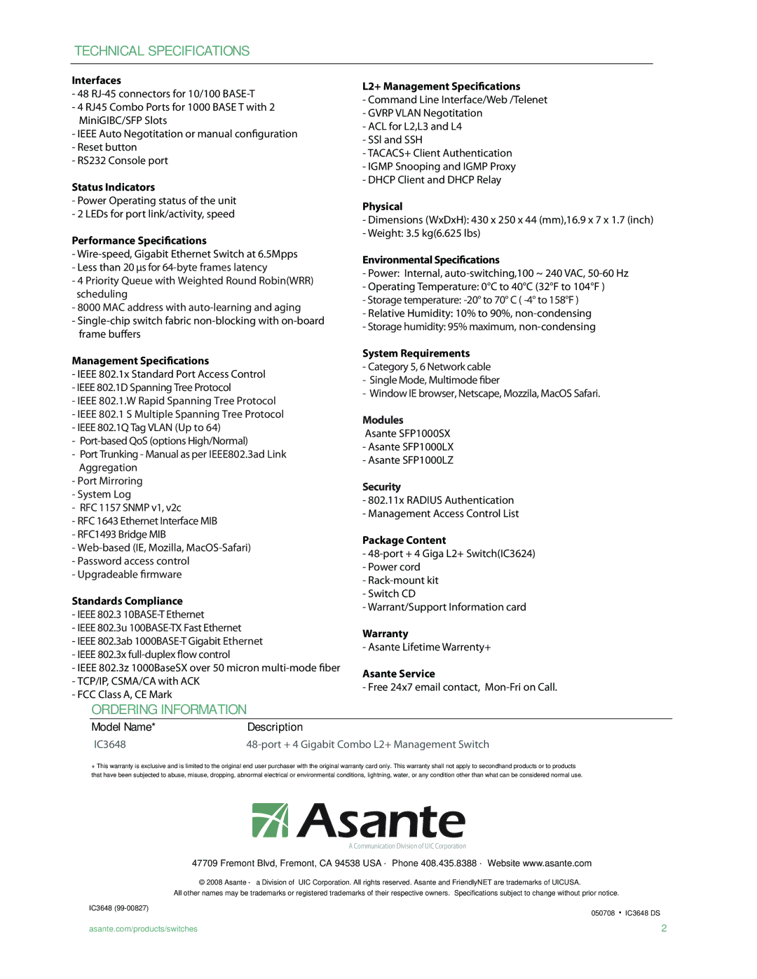 Asante Technologies IC3648 manual Technical Specifications, Ordering Information 