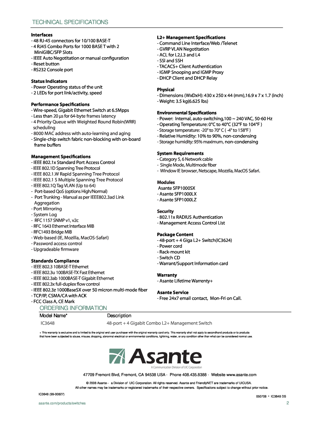Asante Technologies IC3648 Technical Specifications, Ordering Information, Model Name, Environmental Specications, Modules 