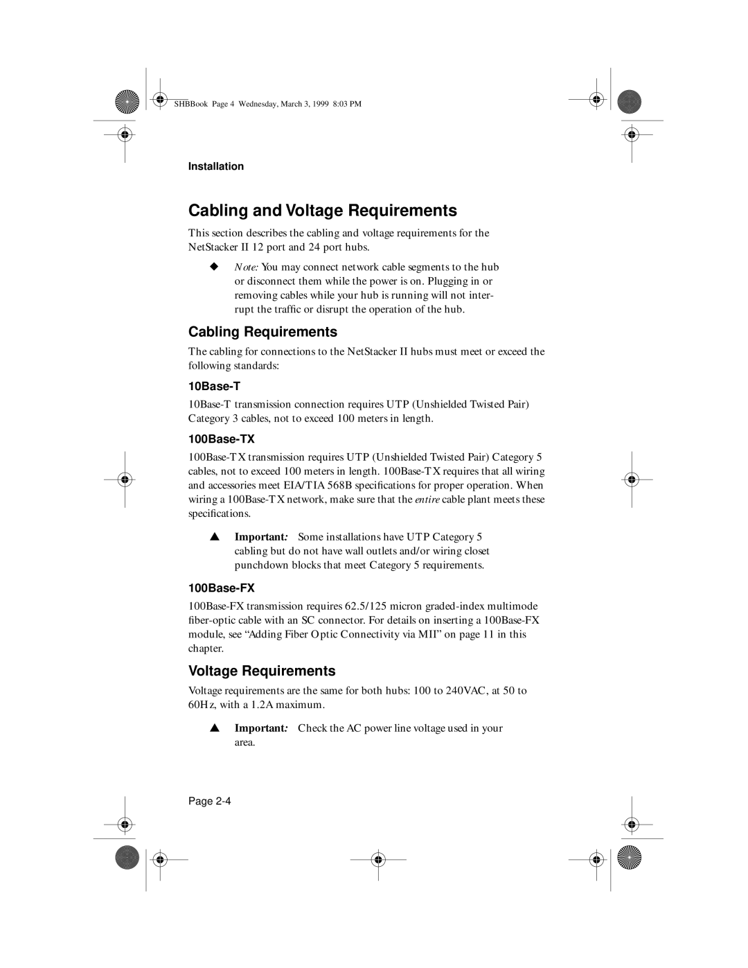 Asante Technologies II user manual Cabling and Voltage Requirements, Cabling Requirements 