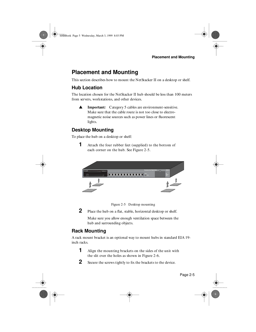 Asante Technologies II user manual Placement and Mounting, Hub Location, Desktop Mounting, Rack Mounting 