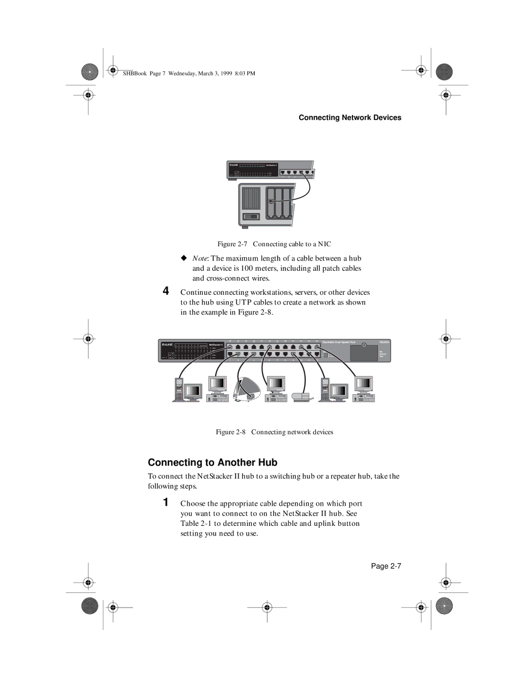 Asante Technologies II user manual Connecting to Another Hub, Connecting cable to a NIC 