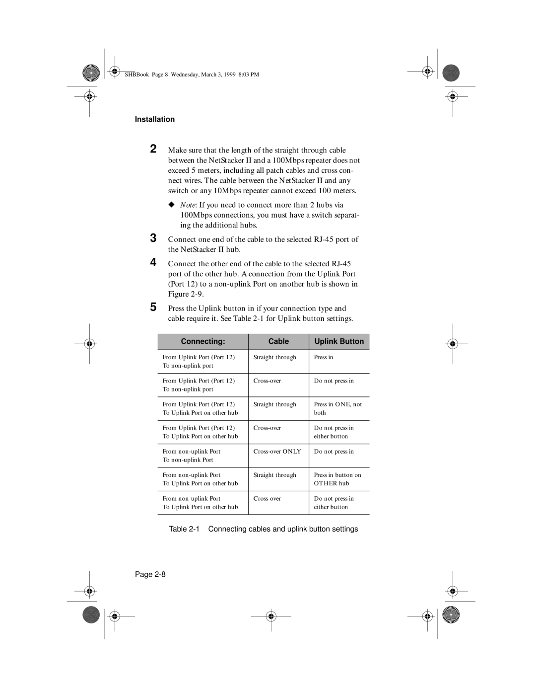 Asante Technologies II user manual Installation Connecting Cable Uplink Button 