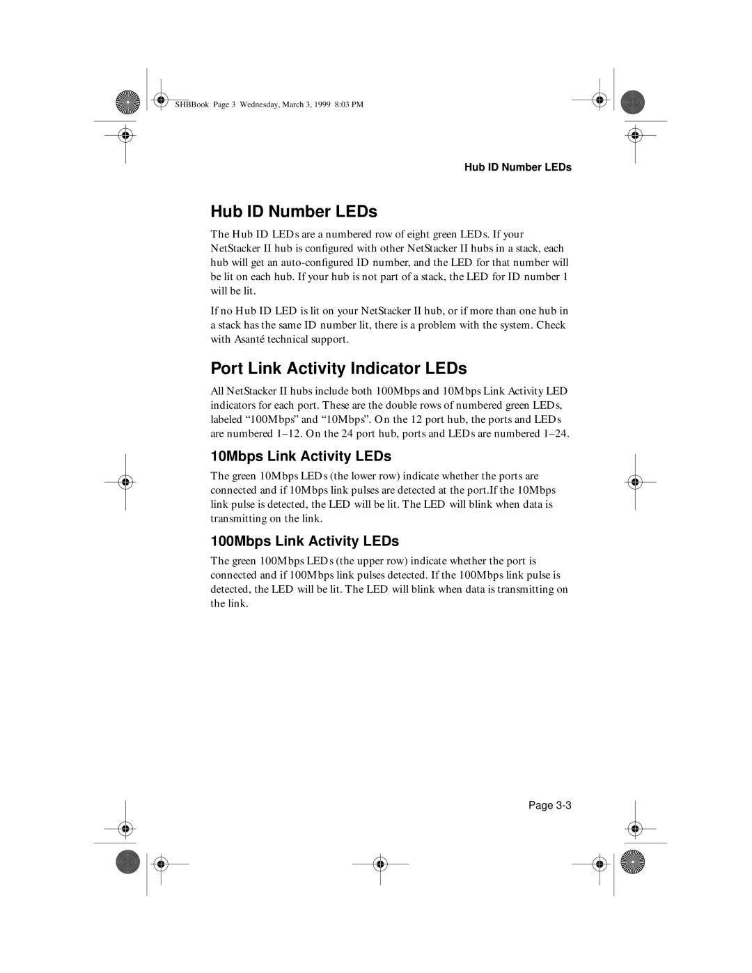 Asante Technologies II user manual Hub ID Number LEDs, Port Link Activity Indicator LEDs, 10Mbps Link Activity LEDs 