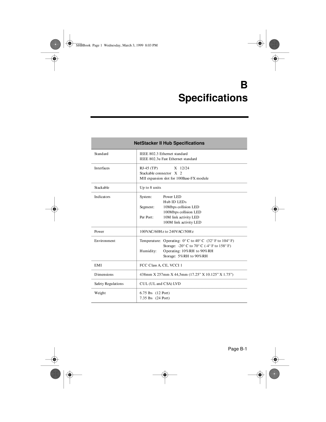 Asante Technologies user manual NetStacker II Hub Speciﬁcations 