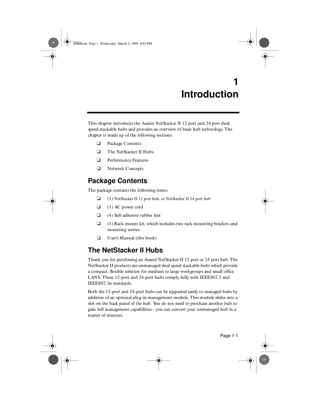 Asante Technologies user manual Introduction, Package Contents, NetStacker II Hubs 