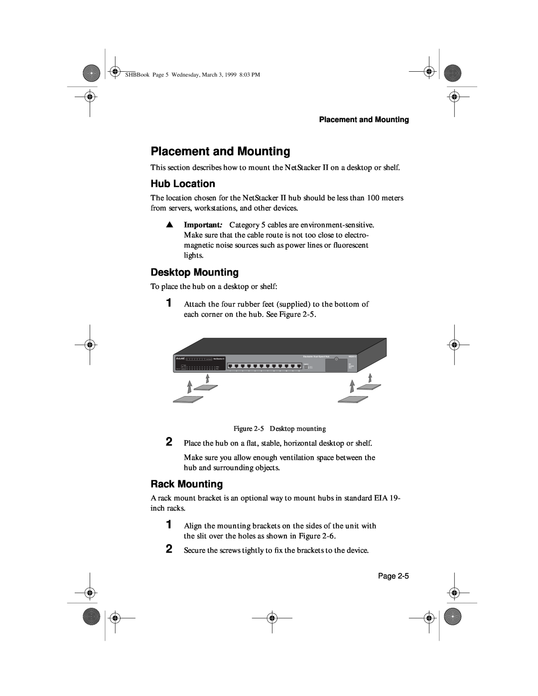 Asante Technologies II user manual Placement and Mounting, Hub Location, Desktop Mounting, Rack Mounting 