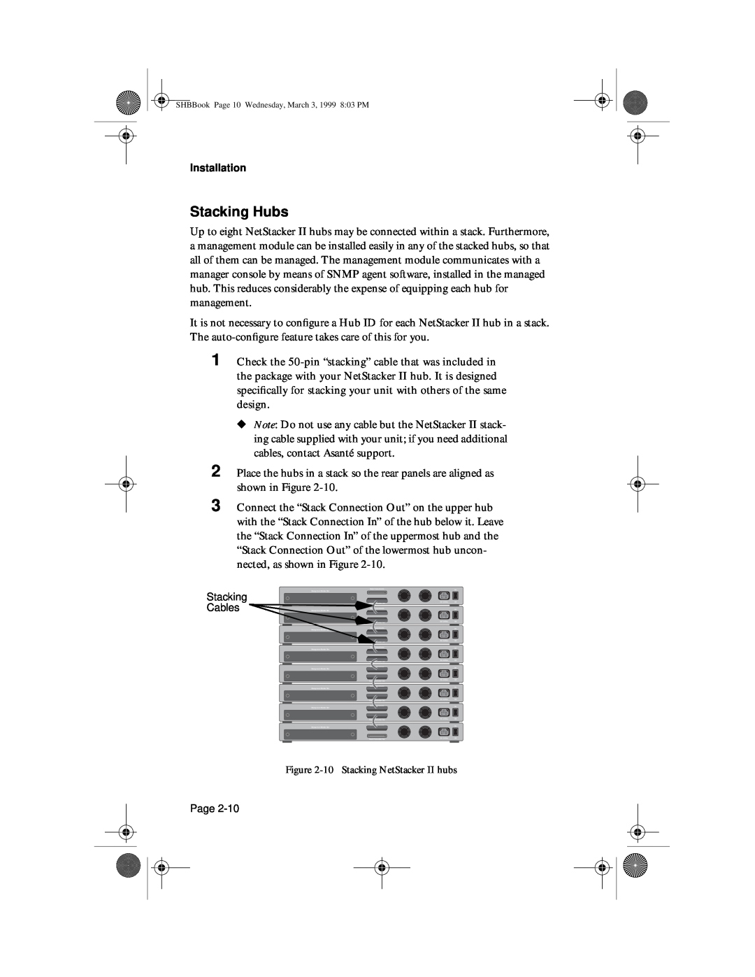 Asante Technologies user manual Stacking Hubs, 10 Stacking NetStacker II hubs 