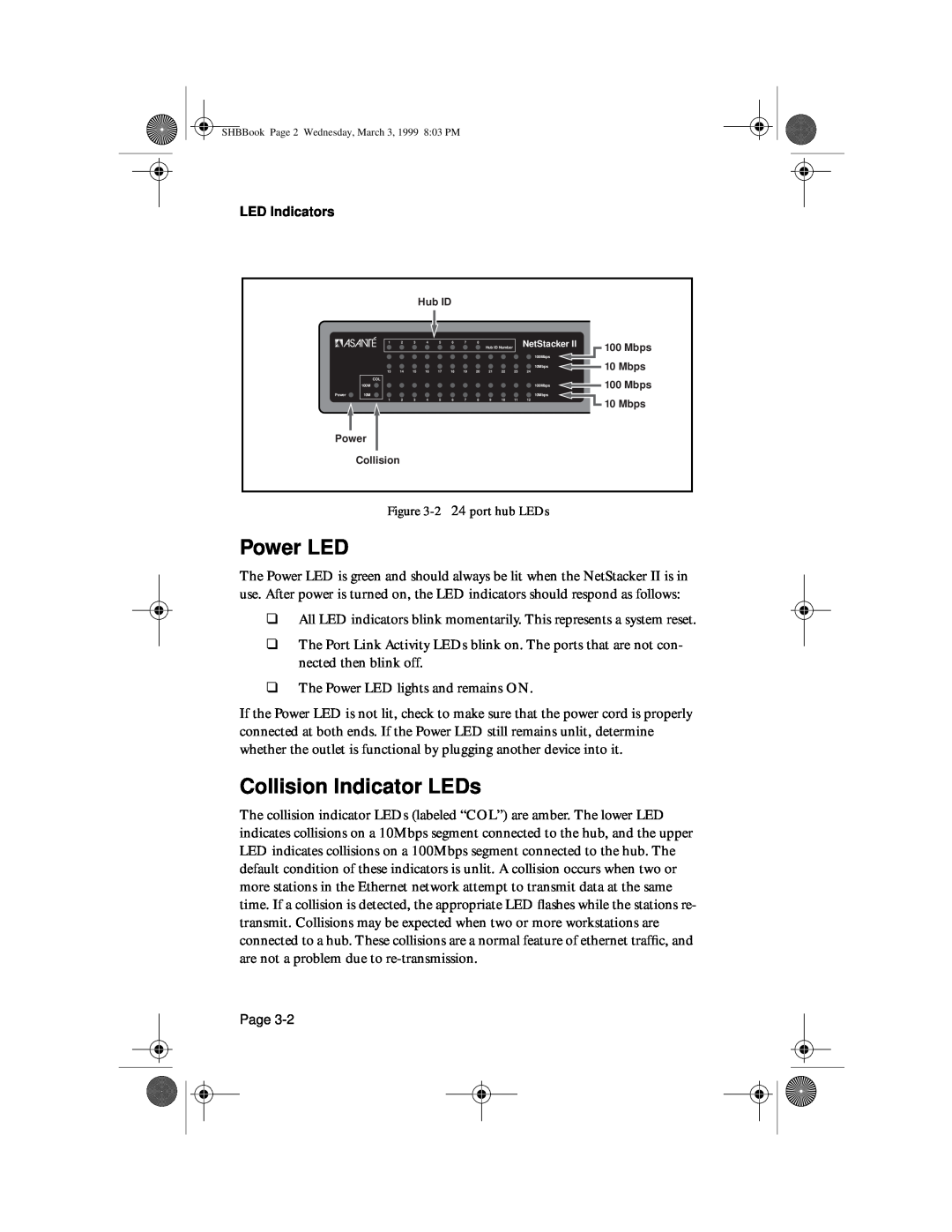 Asante Technologies II user manual Power LED, Collision Indicator LEDs 