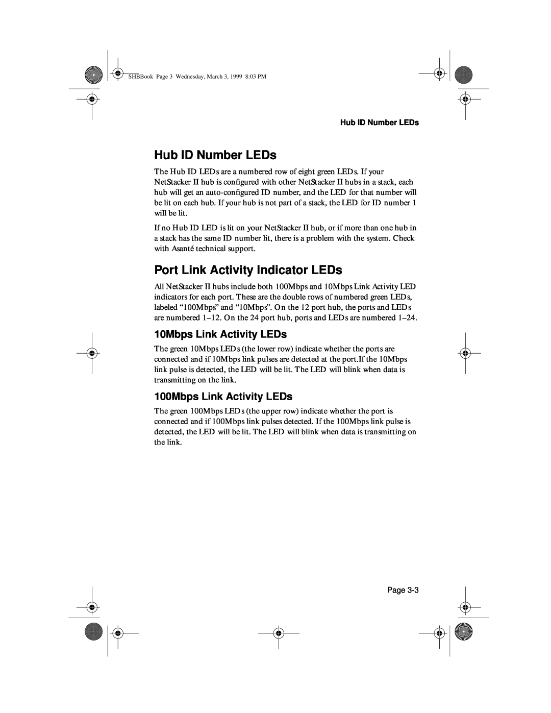 Asante Technologies II user manual Hub ID Number LEDs, Port Link Activity Indicator LEDs, 10Mbps Link Activity LEDs 
