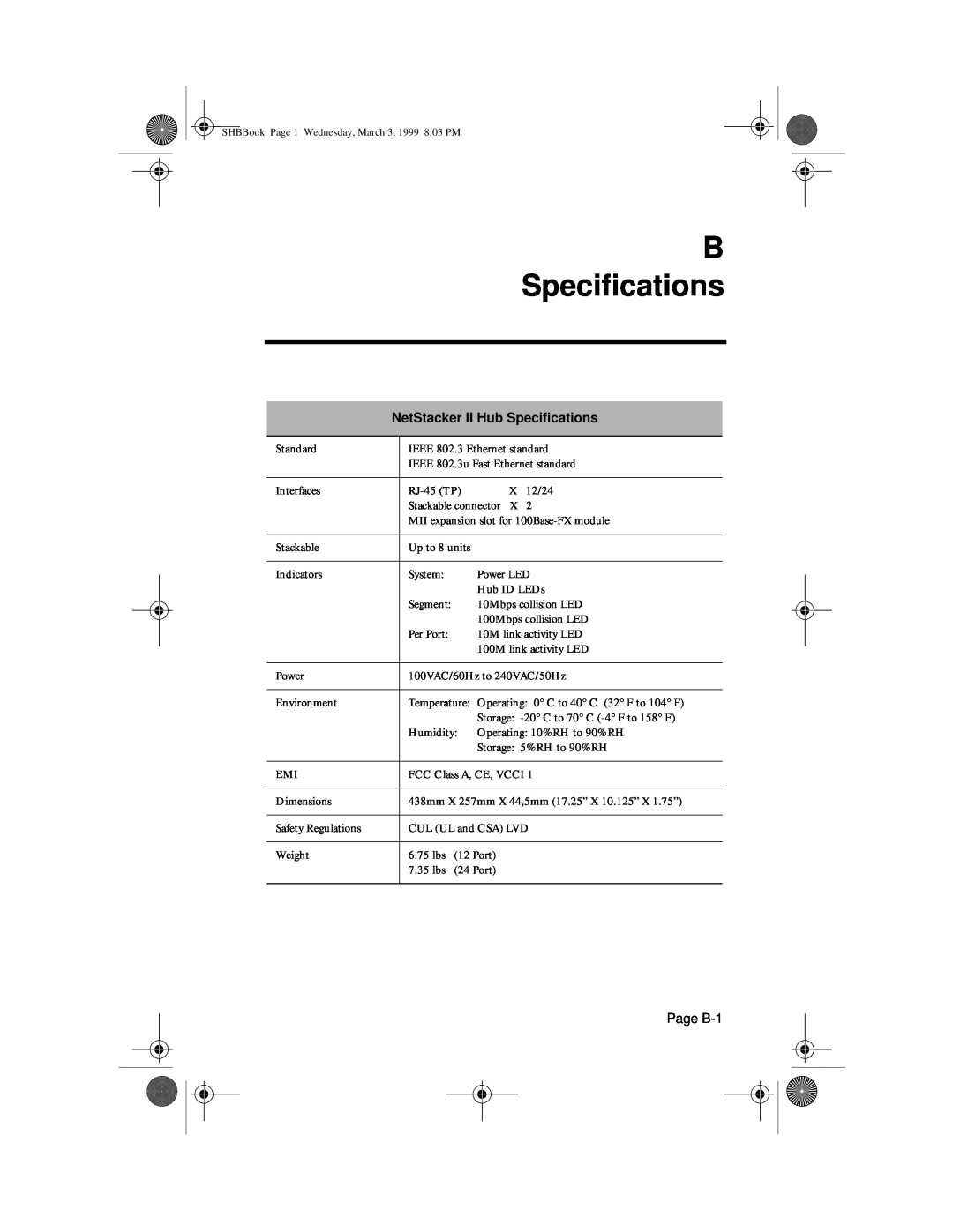 Asante Technologies user manual B Speciﬁcations, NetStacker II Hub Speciﬁcations, Page B-1 