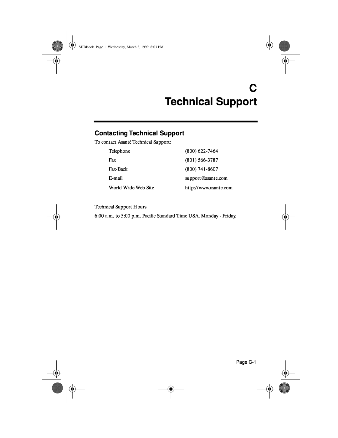Asante Technologies II user manual C Technical Support, Contacting Technical Support 