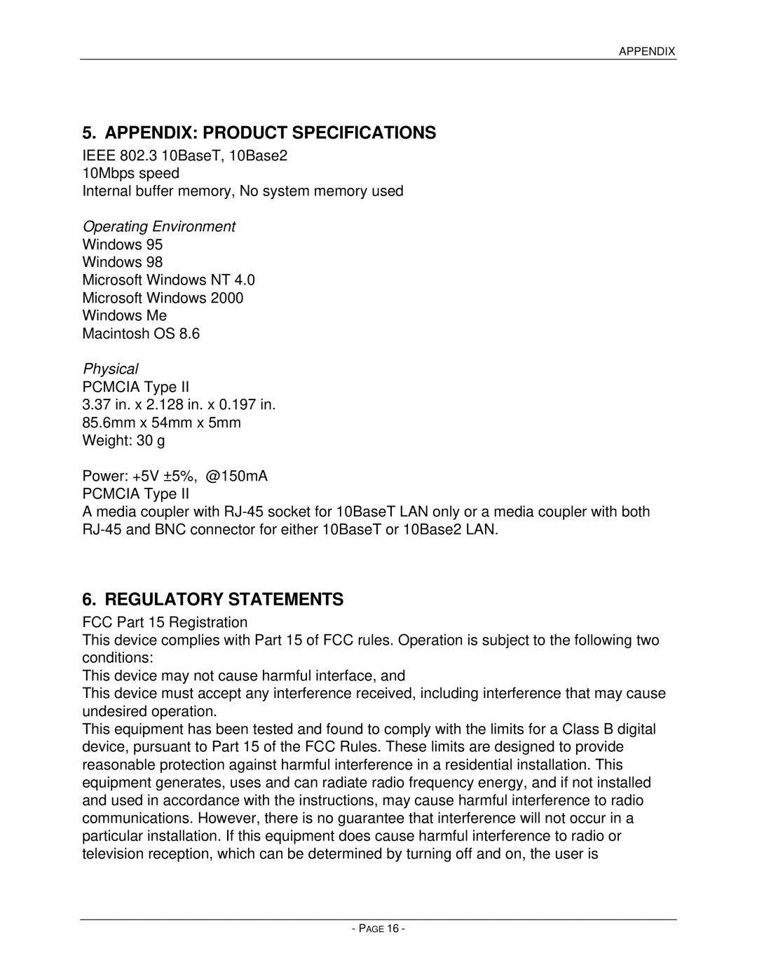 Asante Technologies PCMCIA user manual Appendix Product Specifications, Regulatory Statements 