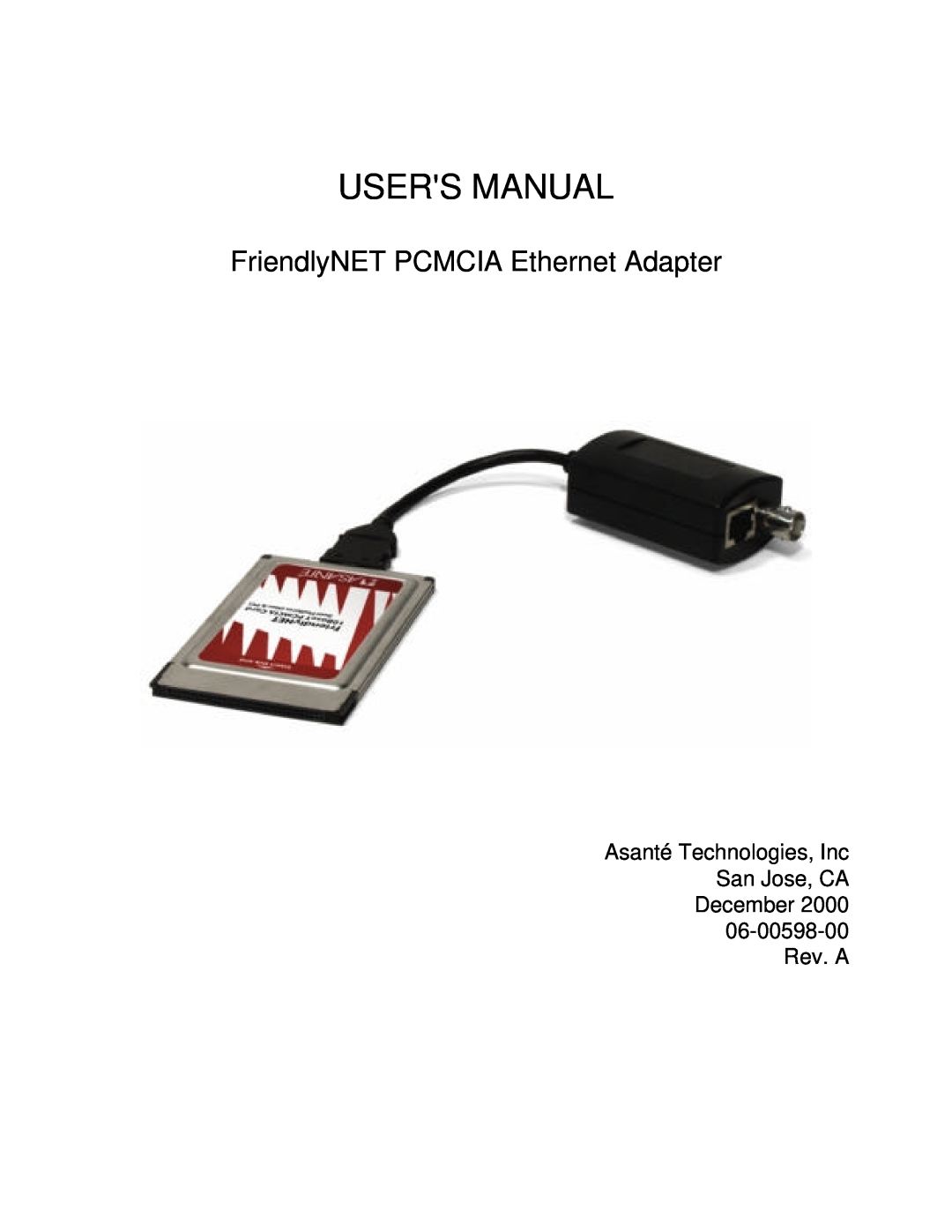 Asante Technologies user manual Users Manual, FriendlyNET PCMCIA Ethernet Adapter 