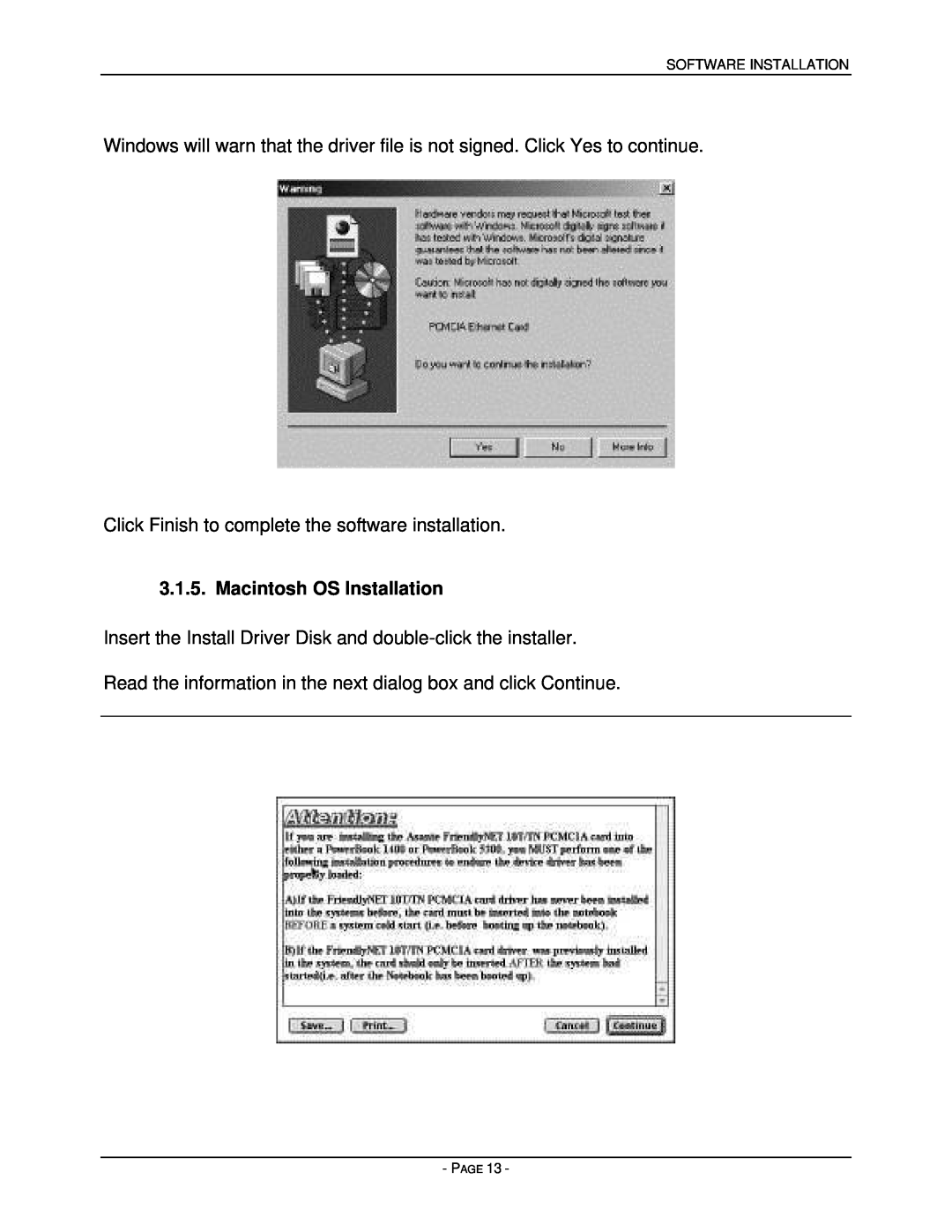 Asante Technologies PCMCIA user manual Macintosh OS Installation, Click Finish to complete the software installation, Page 