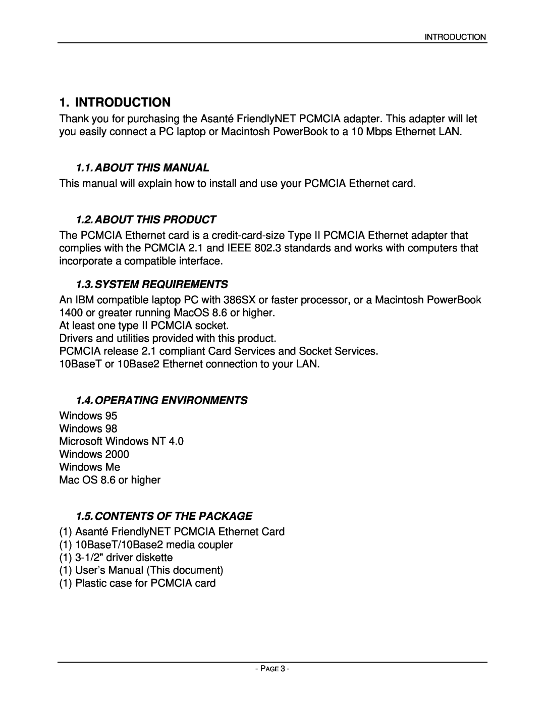 Asante Technologies PCMCIA user manual Introduction, About This Manual, About This Product, System Requirements 