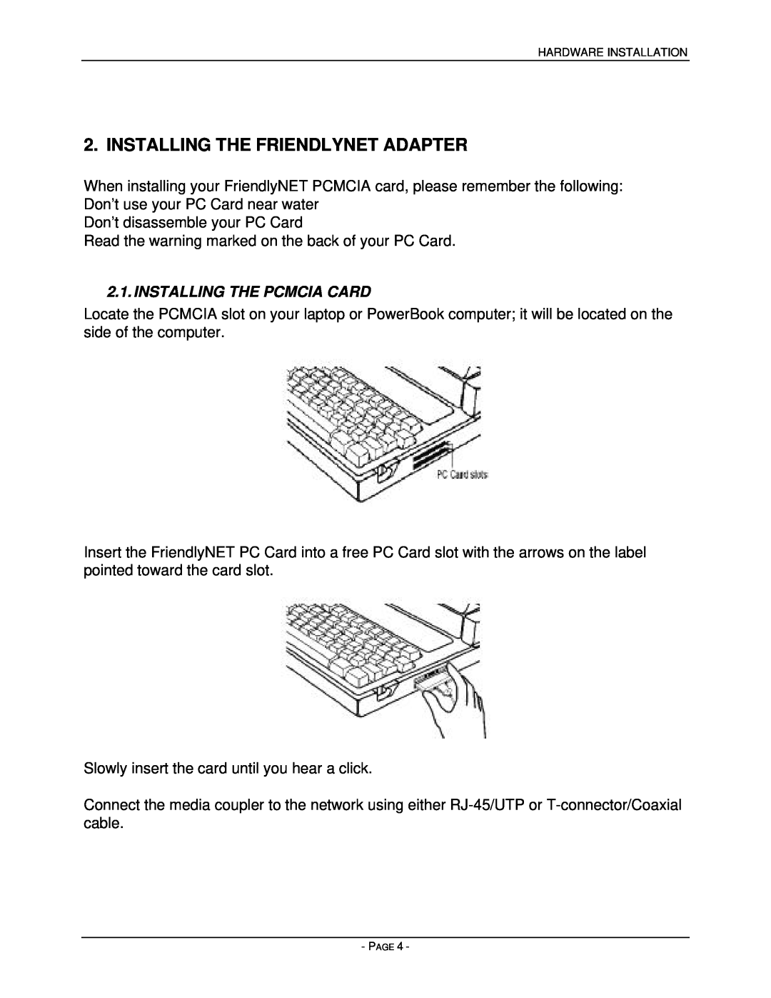Asante Technologies PCMCIA user manual Installing The Friendlynet Adapter, Installing The Pcmcia Card 