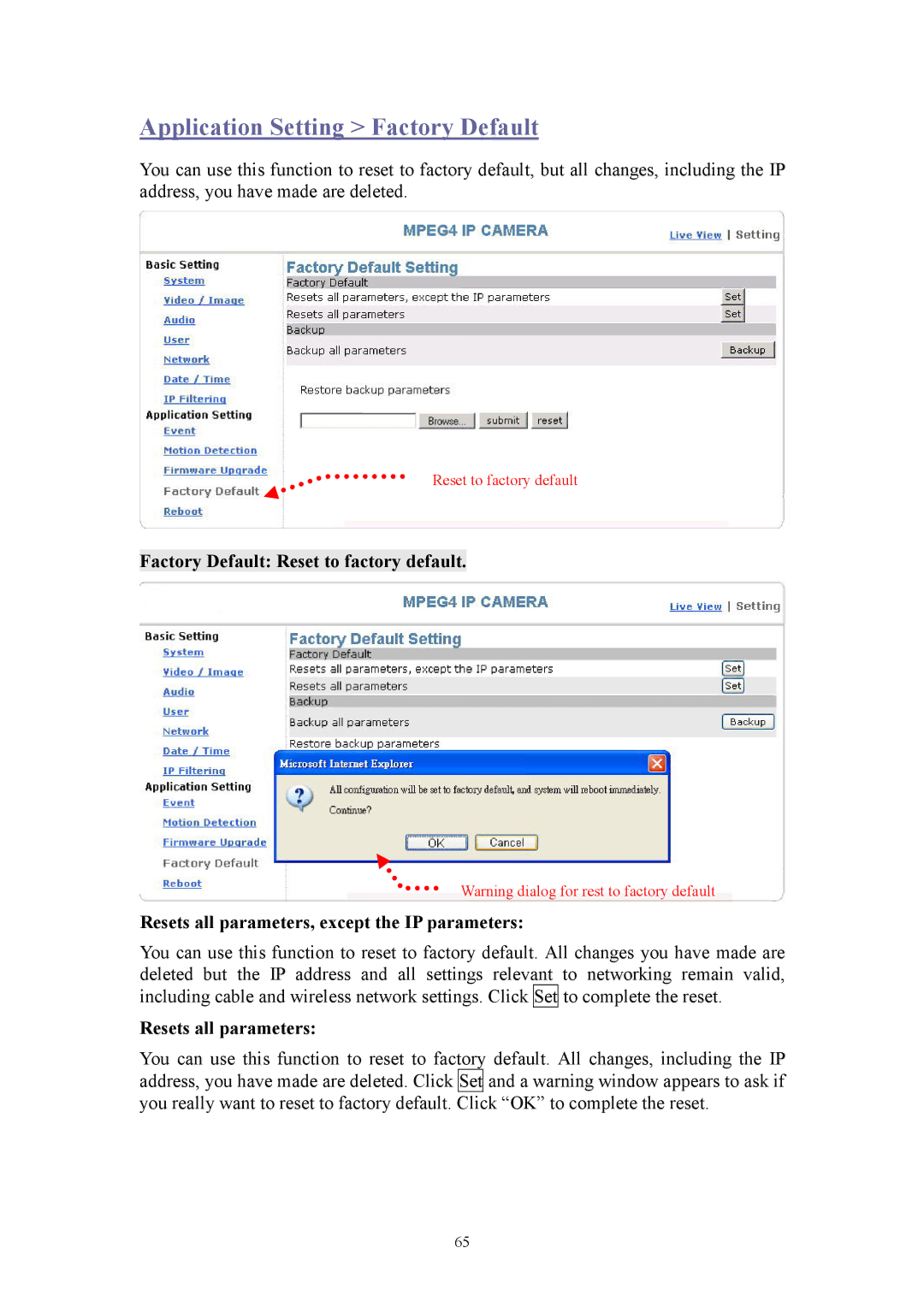 Asante Technologies Voyager II user manual Application Setting Factory Default, Resets all parameters 