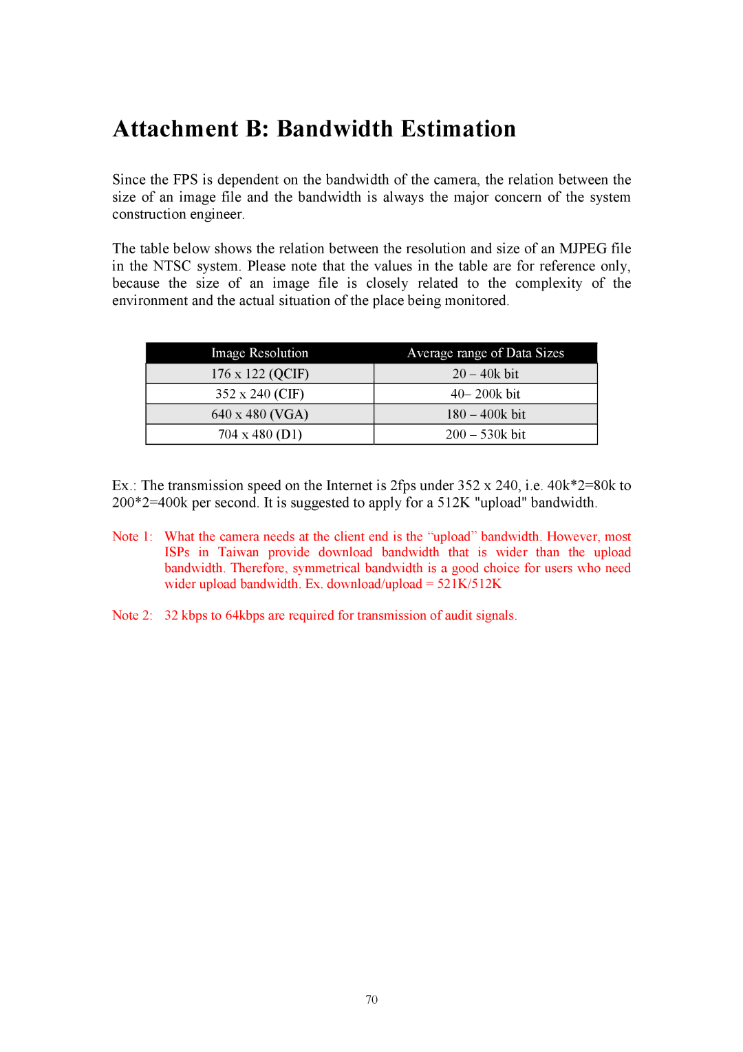 Asante Technologies Voyager II user manual Attachment B Bandwidth Estimation, Image Resolution Average range of Data Sizes 