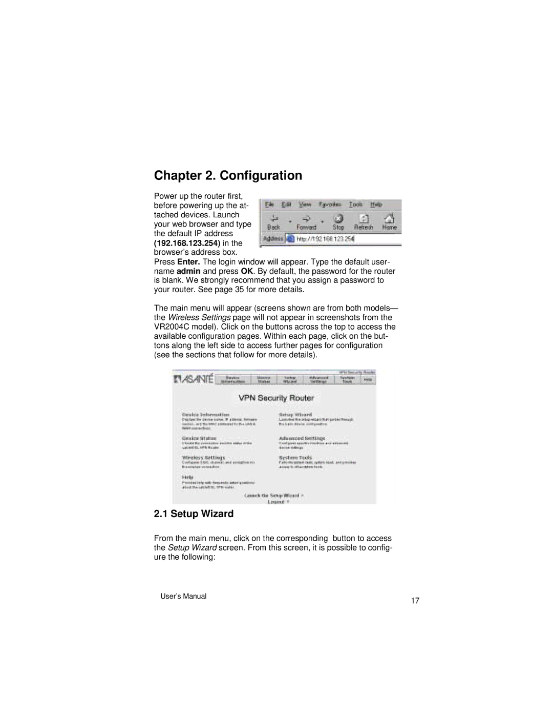 Asante Technologies VR2004 Series user manual Configuration, Setup Wizard 