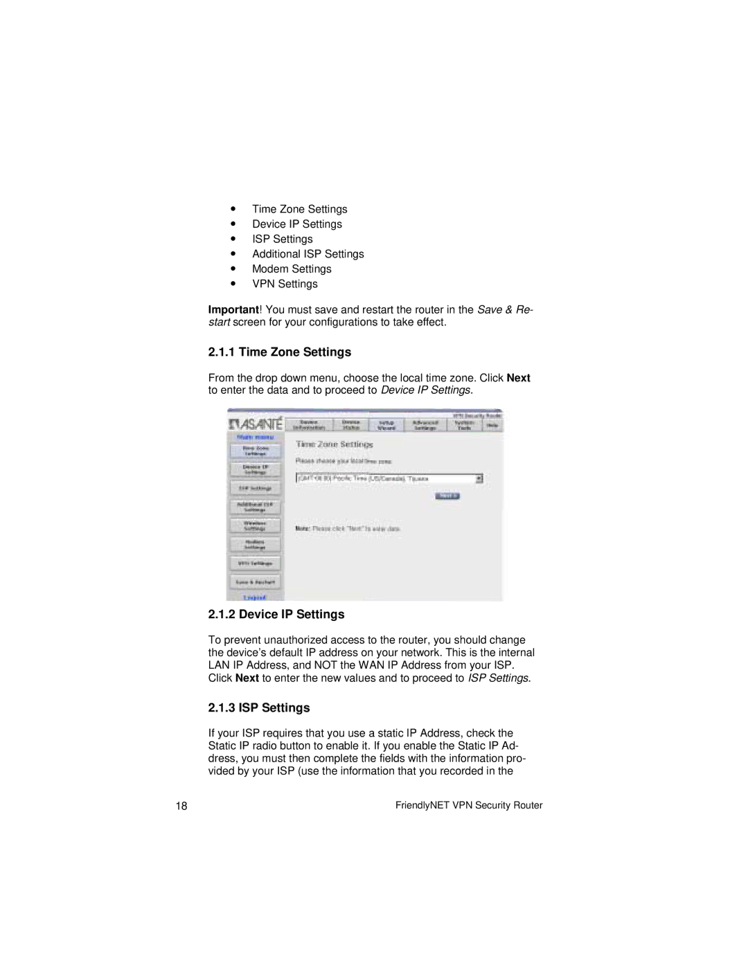 Asante Technologies VR2004 Series user manual Time Zone Settings, Device IP Settings, ISP Settings 