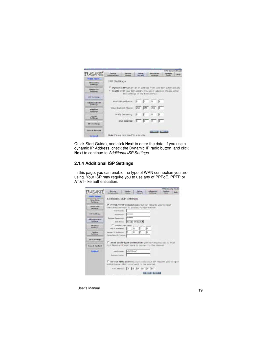 Asante Technologies VR2004 Series user manual Additional ISP Settings 