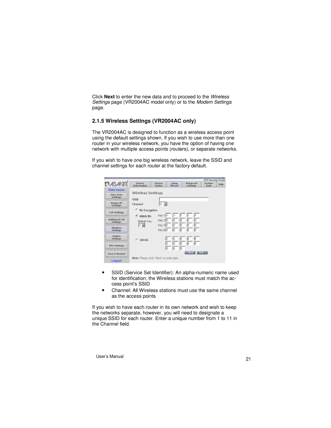 Asante Technologies VR2004 Series user manual Wireless Settings VR2004AC only 